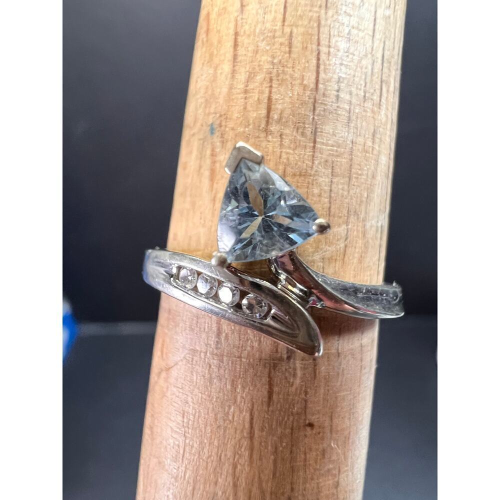 14k white gold Samuel Aaron trillion cut aquamarine and diamond ring size 6.5